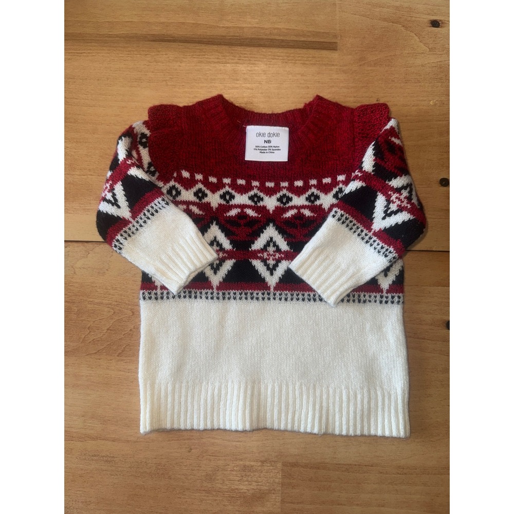 Okie Dokie Baby Fair Isle Knit Sweater NB Red White Black Long Sleeve